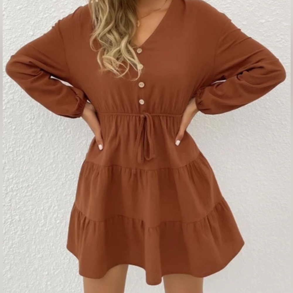 SHEIN rust brown, ruffled hemline with ruffles on cuffs of long sleeve dress